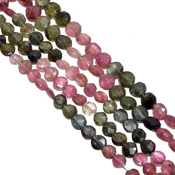 Multi Color Tourmaline Faceted Coin Beads Strand, 5mm Size.