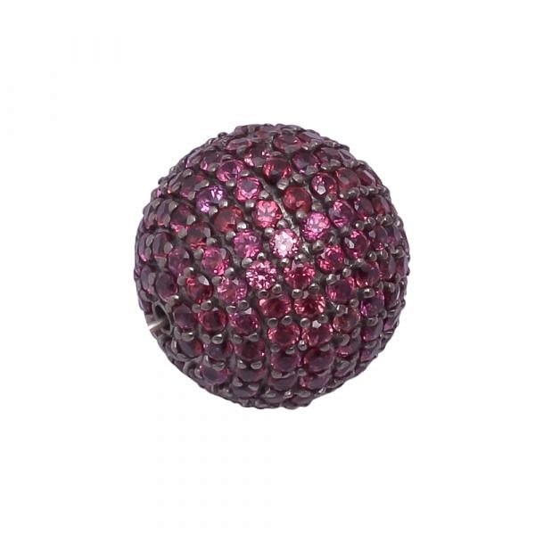 925 Sterling Silver Ball Shape Natural Rhodolite Garnet Stone Pave Diamond Bead.