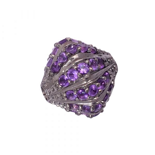 925 Sterling Silver Roundel Shape Natural Amethyst Stone Pave Diamond Bead.