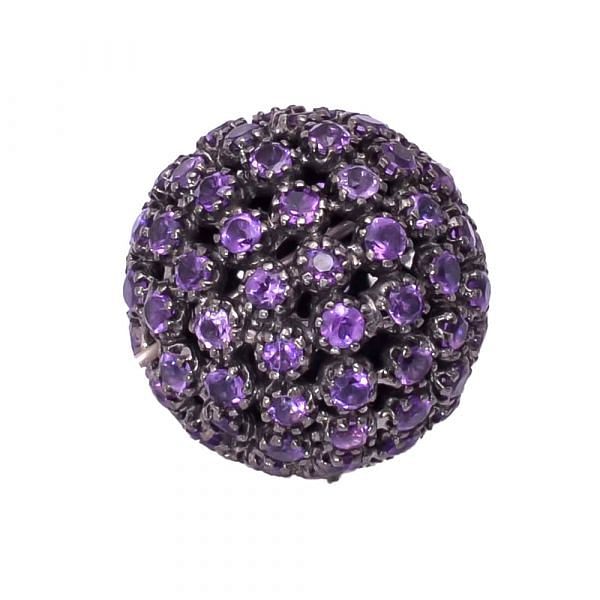 925 Sterling Silver Pave Diamond Bead - Ball Shape Natural Amethyst  Stone.