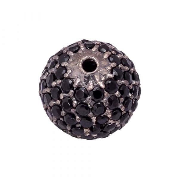 925 Sterling Silver Ball Shape, Pave Diamond Bead With Natural Black Spinel Stone