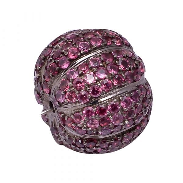 925 Sterling Silver Pave Diamond Bead With Natural Rhodolite Garnet Stone In Ball Shape.