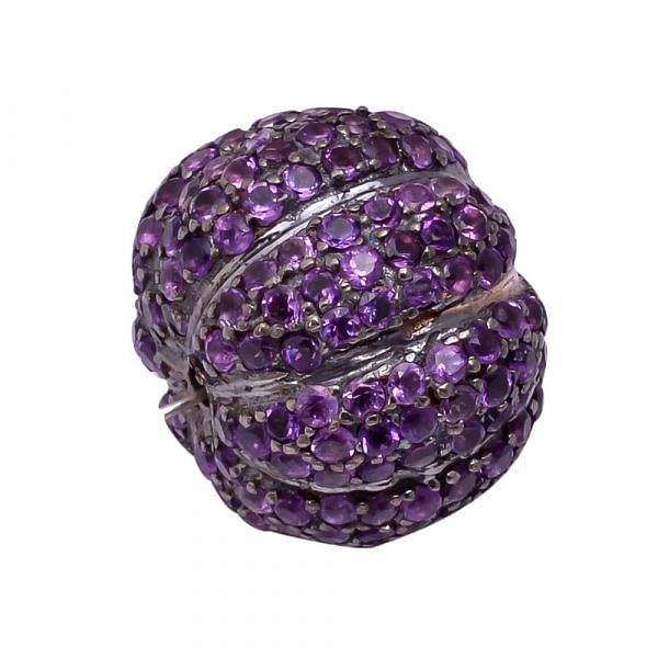 925 Sterling Silver Ball Shape, Pave Diamond Bead With Natural Amethyst Stone