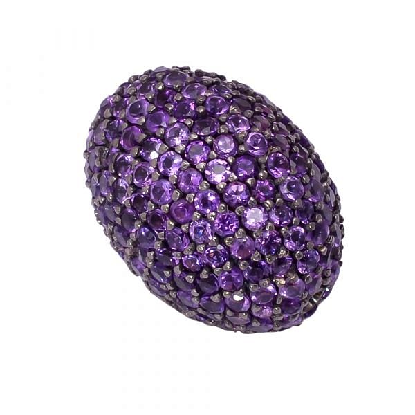 925 Sterling Silver Natural Amethyst Stone In Oval Shape Pave Diamond Bead.