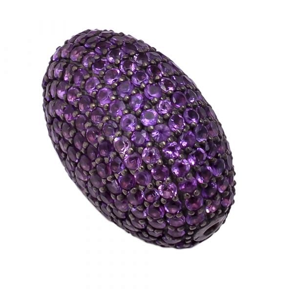 925 Sterling Silver Pave Diamond Bead With Oval Shape Natural Amethyst Stone.