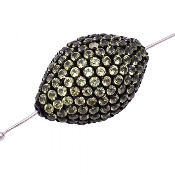 925 Sterling Silver Pave Diamond Bead With Oval Trump Shape Natural Peridot Stone.