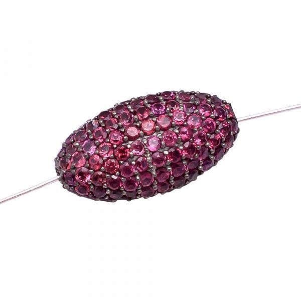 925 Sterling Silver Pave Diamond Bead With Oval Shape Natural Rhodolite Garnet  Stone.