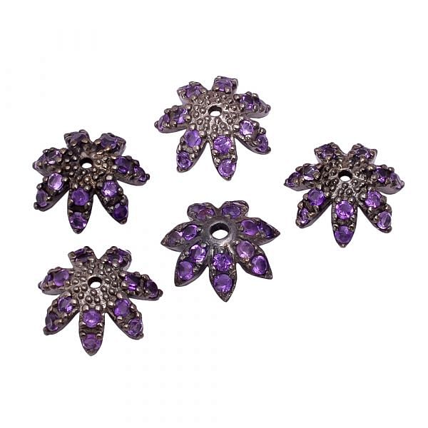 925 Sterling Silver  Flower Cap Shape Natural Amethyst Stone Pave Diamond Bead.