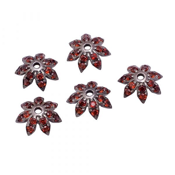 925 Sterling Silver Pave Diamond Bead With Natural Red Garnet  Stone In  Flower Cap Shape.