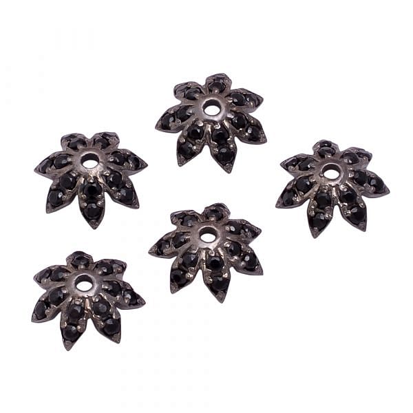 925 Sterling Silver Pave Diamond Bead -  Flower Cap Shape Natural Black Spinel  Stone.