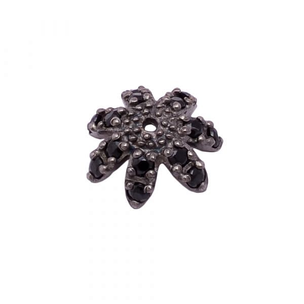 925 Sterling Silver  Flower Cap Shape, Pave Diamond Bead With Natural Black Spinel Stone