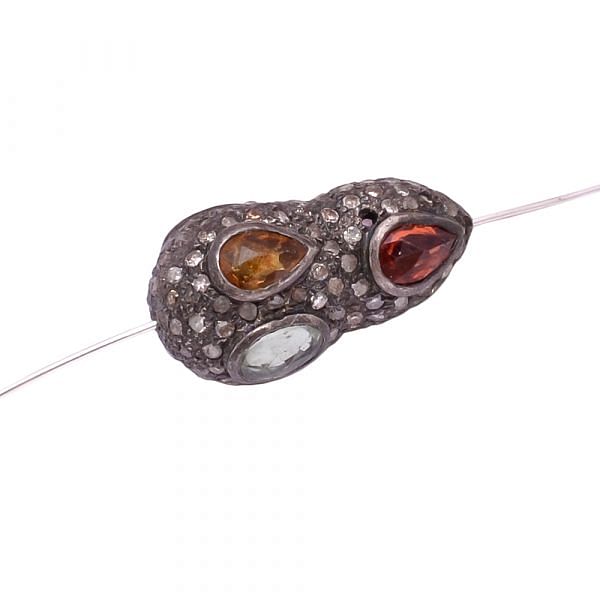 925 Sterling Silver Pave Diamond Bead With Natural Multi Sapphire Stone In DropShape.