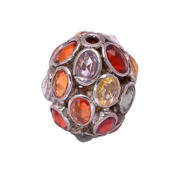 925 Sterling Silver Natural Multi Sapphire Stone In Oval Shape Pave Diamond Bead.
