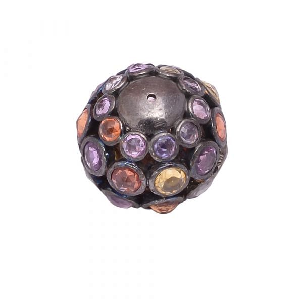 925 Sterling Silver Pave Diamond Bead With Round Shape Natural Multi Sapphire Stone.