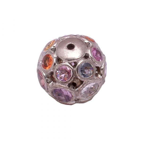925 Sterling Silver Round Shape, Pave Diamond Bead With Natural Multi Sapphire Stone.
