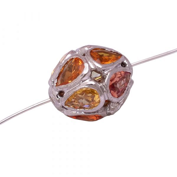 925 Sterling Silver 15.00x13.00mm Pave Diamond Bead With Natural Multi Sapphire Stone,(Drum Oval  Shape).