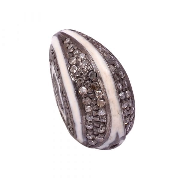 925 Sterling Silver Fnacy Shape Pave Diamond Bead With White Enamel .