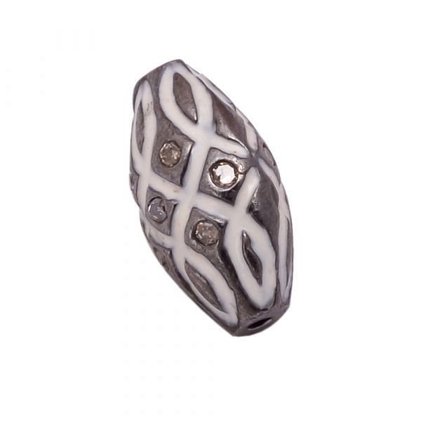 925 Sterling Silver Drum Shape Pave Diamond Bead With White Enamel.