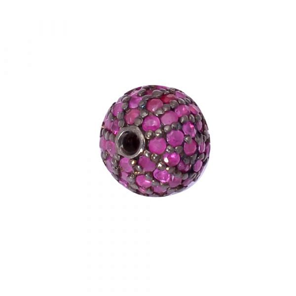 925 Sterling Silver Pave Diamond Bead With Natural Ruby Stone,(Ball Shape).