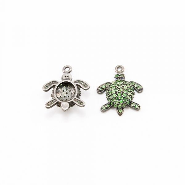 925 Sterling Silver Turtle Shape- Pave Diamond Pendant With Natural Tsavorite Stone.