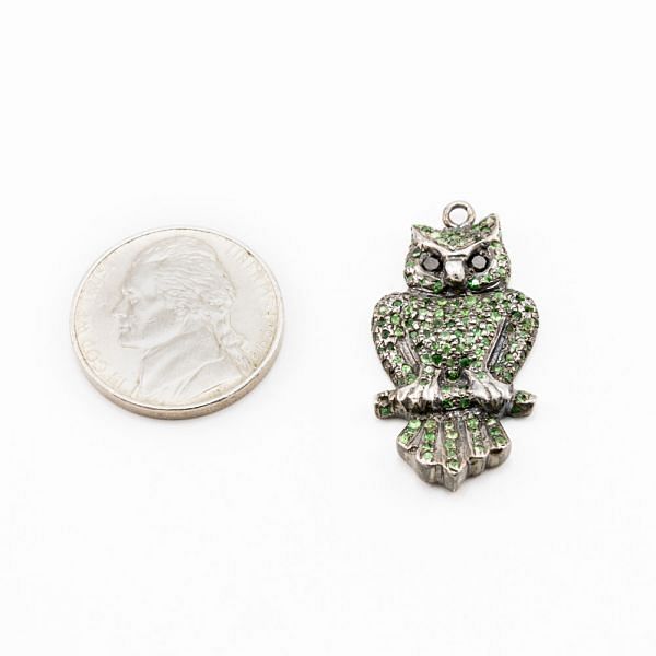925 Sterling Silver  Owl Shape Tsavorite  Stone Pave Diamond Pendant.