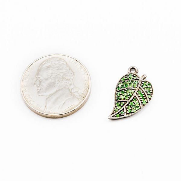 925 Sterling Silver (Leaf Shape)Pave Diamond Bead With Tsavorite  Stone.