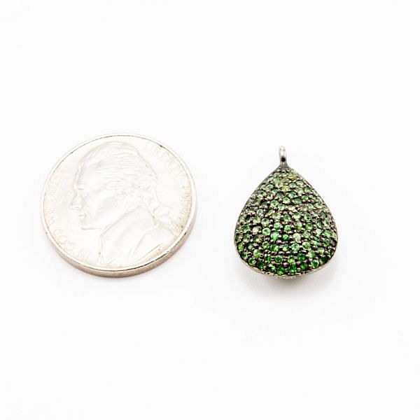 925 Sterling Silver Pave Diamond Pendant- Pear Shape and Tsavorite  Stone.