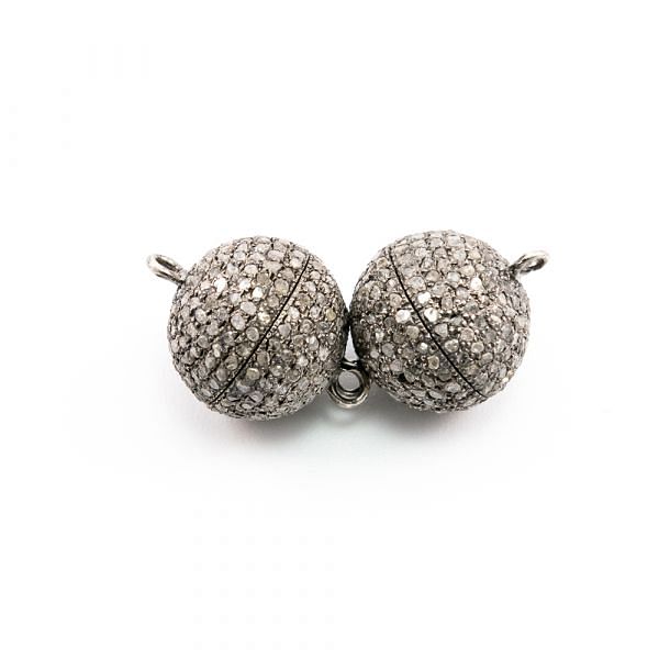 925 Sterling Silver Round Ball  Shape Pave Diamond Bead, (16.00x23.00mm).