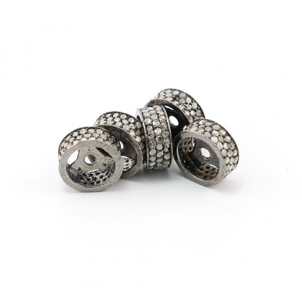 925 Sterling Silver Pave Diamonds Bead, Wheel Shape- 11.50x5.00mm, Black Rhodium Plating. Sold By 1 Pcs, F-1164