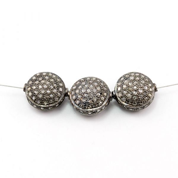 925 Sterling Silver Pave Diamond Bead, Puff Coin Shape-16.00x14.00mm, Black Rhodium Plating. Sold By 1 Pcs, F-1238