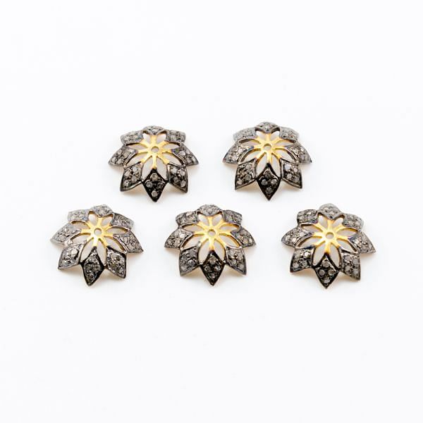 925 Sterling Silver Pave Diamond Bead, Flower Cap Shape-11.00x4.00mm, Gold And Black Rhodium Plating. Sold By 1 Pcs, F-1260