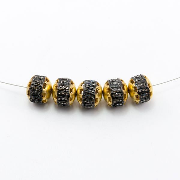 925 Sterling Silver Pave Diamond Bead, Drum Shape-12.00x13.00mm, Gold And Black Rhodium Plating. Sold By 1 Pcs, F-1345