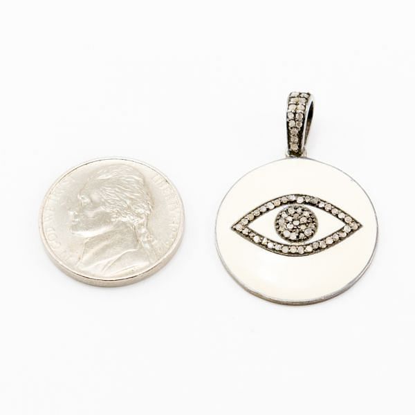 925 Sterling Silver Pave Diamond Pendant With White Enamel, Round Eye Shape-26.50x24.00mm, Black/White Rhodium Plating. Sold By 1 Pcs, F-1371
