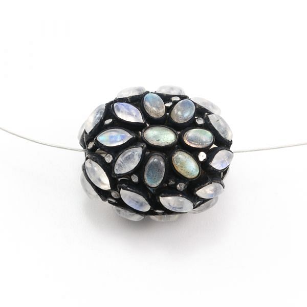925 Sterling Silver Pave Diamond Bead With Natural Opal Stone, Oval Shape-24.50x21.50x17.50mm, Black Rhodium Plating. Sold By 1 Pcs, F-1375