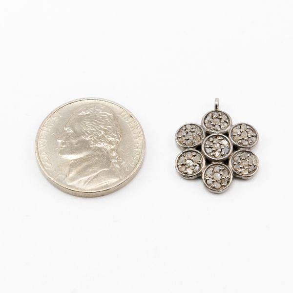  925 Sterling Silver Pave Diamond Pendant, Flower Shape-20.00x16.00mm, Black & White Rhodium Plating. Sold By 1 Pcs, F-1413