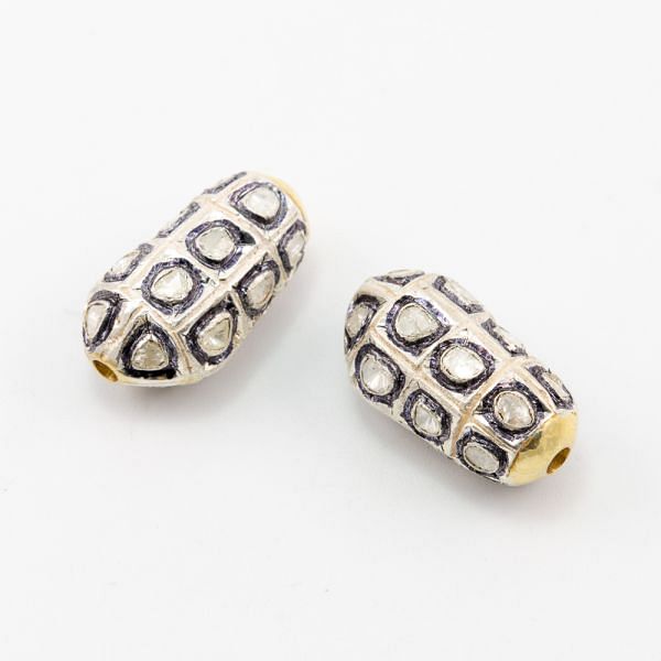 925 Sterling Silver Pave Diamond Beads with Polki Diamond, Nugget Shape-25.50x14.00x12.50 mm Black, And White Rhodium Plating. Sold By 1 Pcs, F-1423