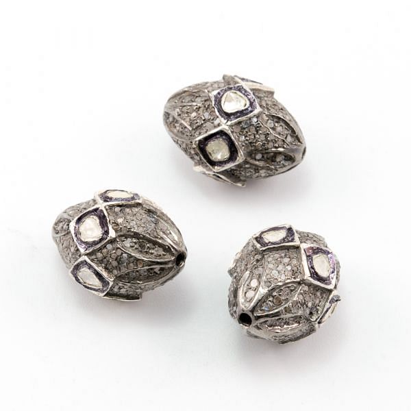 925 Sterling Silver Pave Diamond Beads with Polki Diamond, Drum Shape-20.00x15.00mm Black, And White Rhodium Plating. Sold By 1 Pcs, F-1426