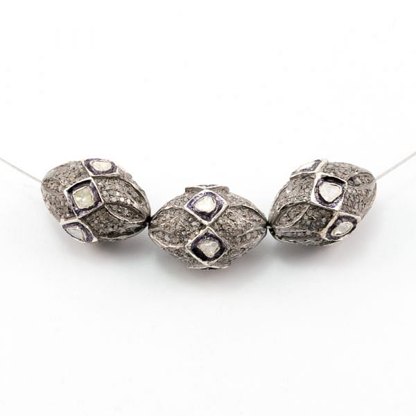 925 Sterling Silver Pave Diamond Beads with Polki Diamond, Drum Shape-20.00x15.00mm Black, And White Rhodium Plating. Sold By 1 Pcs, F-1426