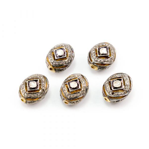925 Sterling Silver Pave Diamond Beads with Polki Diamond, Oval Shape-15.00x11.50x10.00 mm, Gold & Black /White Rhodium Plating. Sold By 1 Pcs, F-1431