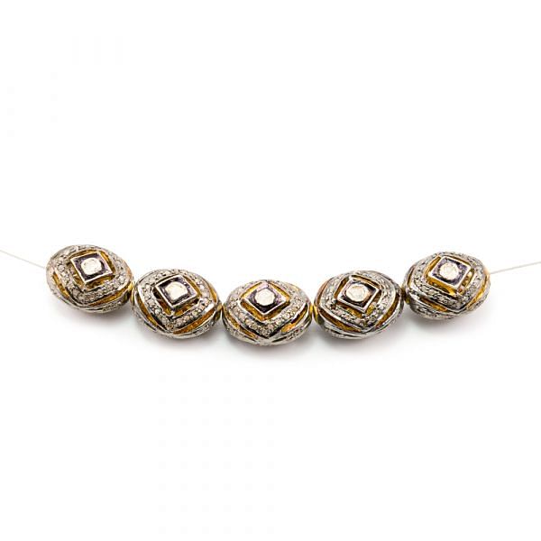 925 Sterling Silver Pave Diamond Beads with Polki Diamond, Oval Shape-15.00x11.50x10.00 mm, Gold & Black /White Rhodium Plating. Sold By 1 Pcs, F-1431