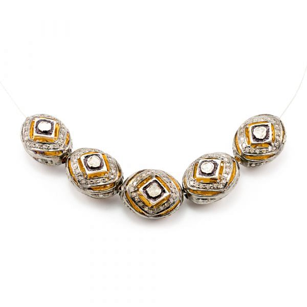 925 Sterling Silver Pave Diamond Beads with Polki Diamond, Oval Shape,15.00x11.50x10.00 mm, Gold & Black /White Rhodium Plating. Sold By 1 Pcs, F-1432