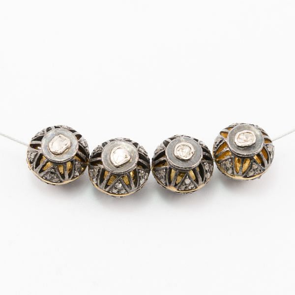 925 Sterling Silver Pave Diamond Beads with Polki Diamond, Roundel Shape-10x5.00x11.50 mm, Gold &Black/ White Rhodium Plating. Sold By 1 Pcs, F-1445