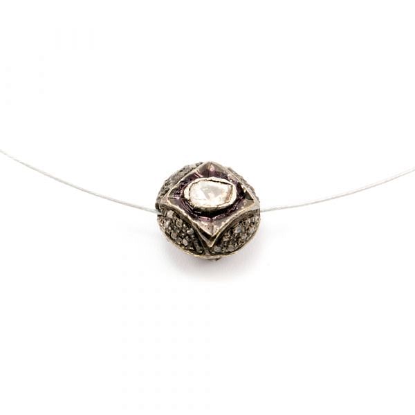 925 Sterling Silver Pave Diamond Beads with Polki Diamond, Round Shape-12.00x12.00x9.00 mm, Black/ White Rhodium Plating. Sold By 1 Pcs, F-1457
