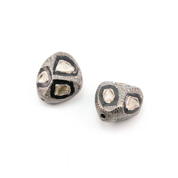 925 Sterling Silver Pave Beads with Polki Diamond, Trillion Shape-15.00x13.00x8.50 mm, Black/ White Rhodium Plating. Sold By 1 Pcs, F-1460