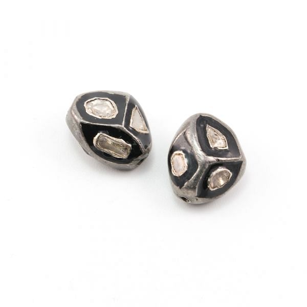 925 Sterling Silver Pave Beads with Polki Diamond, Trillion Shape-15.00x13.00x8.50 mm, Black/ White Rhodium Plating. Sold By 1 Pcs, F-1461