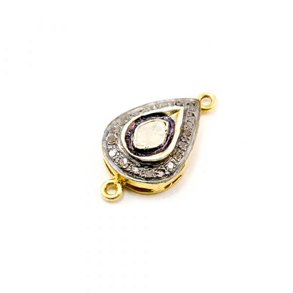 925 Sterling Silver Pave Diamond Connector with Polki Diamond, Pear Shape-24.00x13.00x6.00mm, Gold And Black/White Rhodium Plating. Sold By 1 Pcs, F-1466