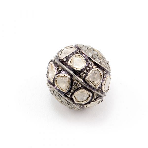 925 Sterling Silver Pave Diamond Bead with Polki Diamond, Roundel Shape-14.00x15.00mm, Black/White Rhodium Plating. Sold By 1 Pcs, F-1471
