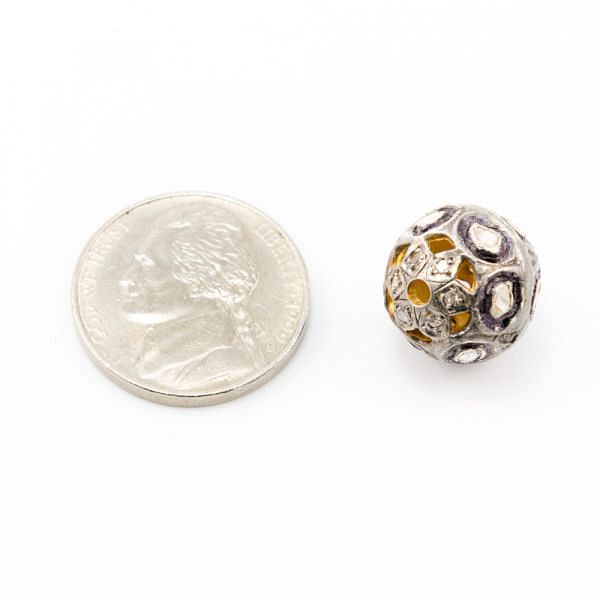 925 Sterling Silver Pave Diamond Beads with Polki Diamond, Roundel Shape-13.50x14.00mm, Gold And Black/White Rhodium Plating. Sold By 1 Pcs, F-1491