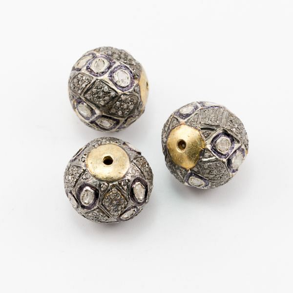 925 Sterling Silver Pave Diamond Beads with Polki Diamond, Roundel Shape-16.50x17.00mm, Gold And Black/White Rhodium Plating. Sold By 1 Pcs, F-1497