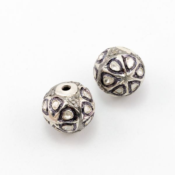 925 Sterling Silver Pave Diamond Beads with Polki Diamond, Roundel Shape-16.00x17.00mm, Black/White Rhodium Plating. Sold By 1 Pcs, F-1503